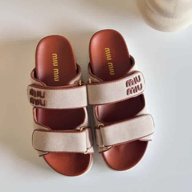 Miu Miu Beige Brandly Premium Quality Flat Slides-thumb-1