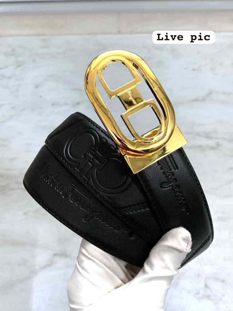 Salvatore Ferragamo Golden & Black Premium Quality Leather Belt-thumb-3