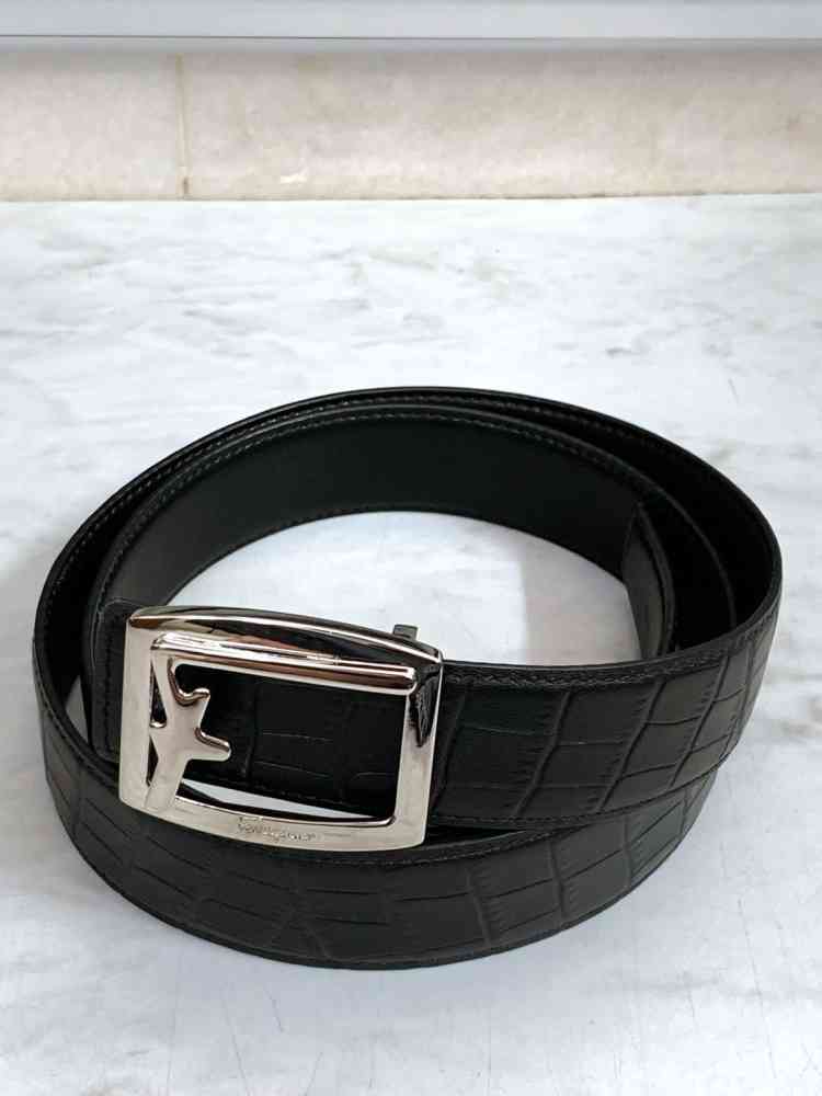 Salvatore Ferragamo Silver & Black Premium Quality Leather Belt-thumb-3