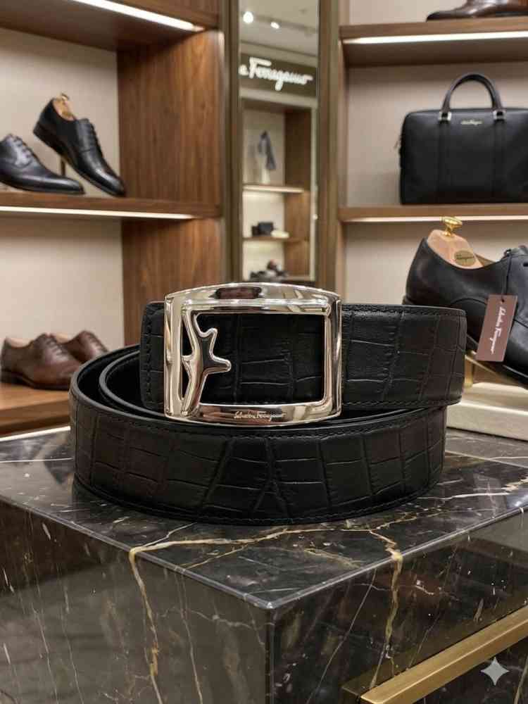 Silver & Black Salvatore Ferragamo Grey & Black Premium Quality Leather Belt