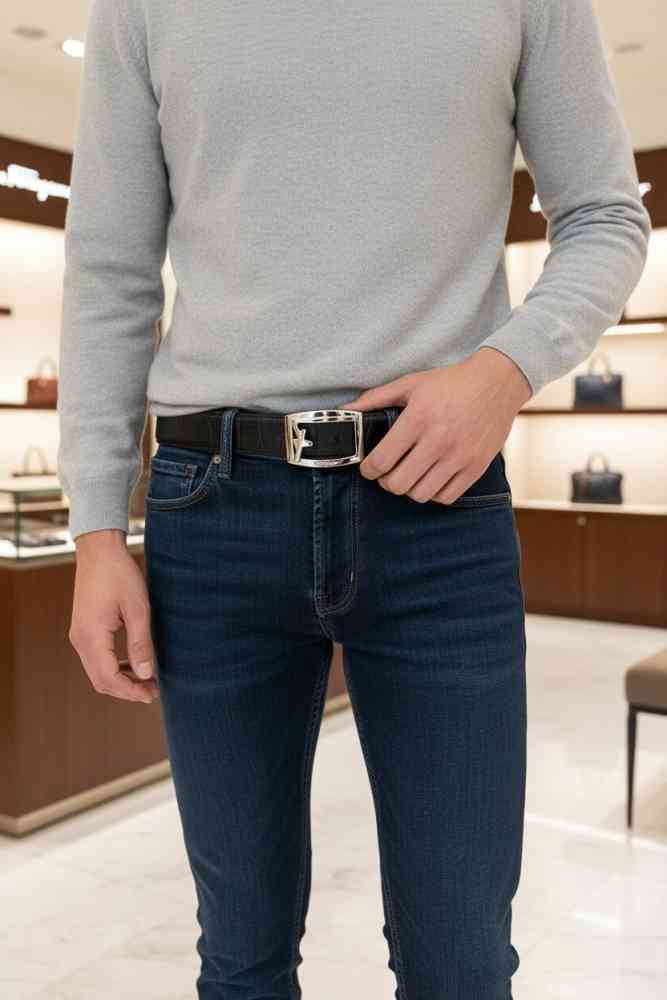 Salvatore Ferragamo Silver & Black Premium Quality Leather Belt-thumb-1