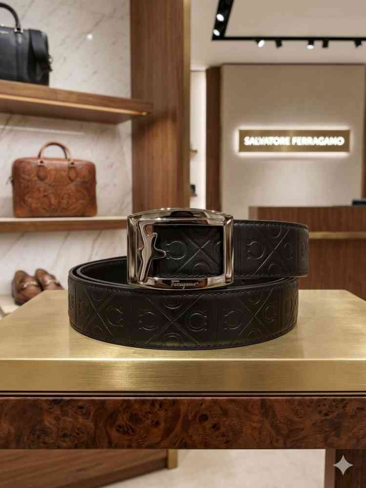 Salvatore Ferragamo Grey & Black Premium Quality Leather Belt-thumb-0