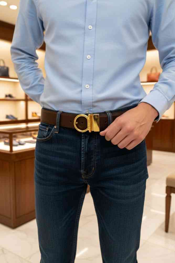 Salvatore Ferragamo Golden & Brown Premium Quality Leather Belt-thumb-1
