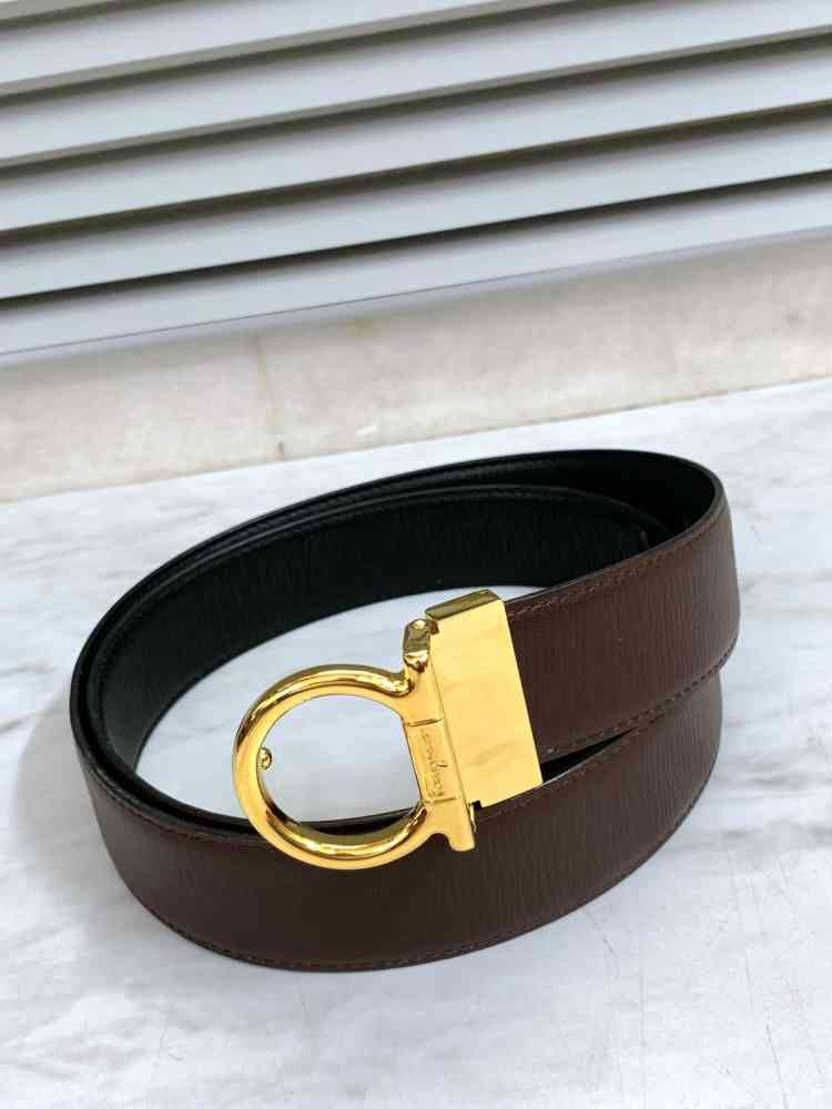 Salvatore Ferragamo Golden & Brown Premium Quality Leather Belt-thumb-0