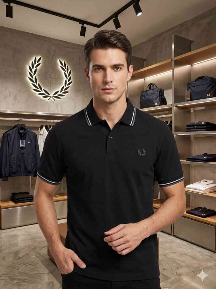 Black Fred Perry Embroidered logo Grey Premium T-shirt