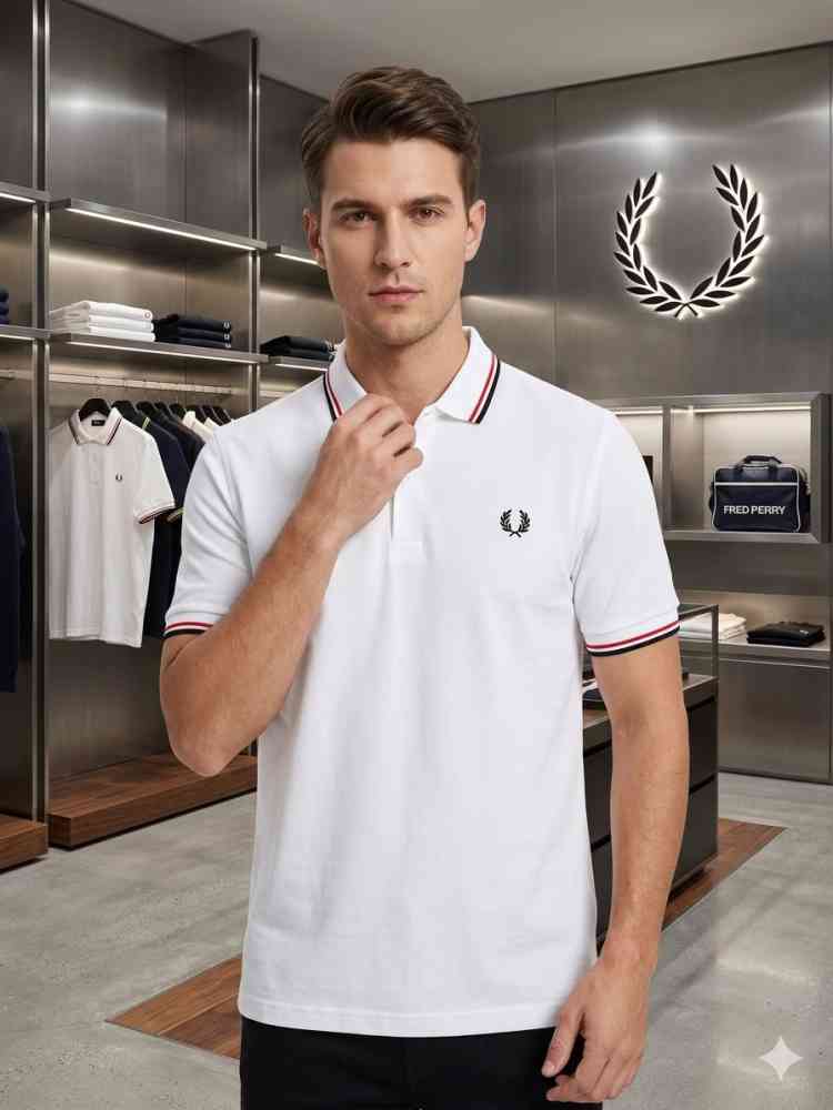 White Fred Perry Embroidered logo Grey Premium T-shirt