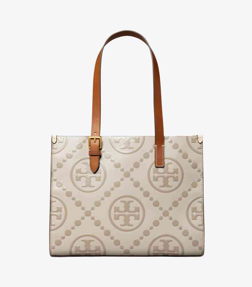 Cream Tory Burch Monogram Wine Contrast Embossed Tote Bag