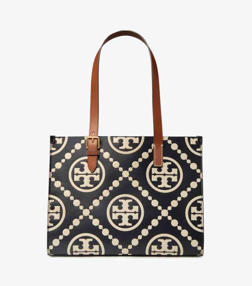 Black Tory Burch Monogram Wine Contrast Embossed Tote Bag