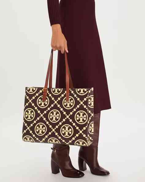 Tory Burch Monogram Wine Contrast Embossed Tote Bag-3