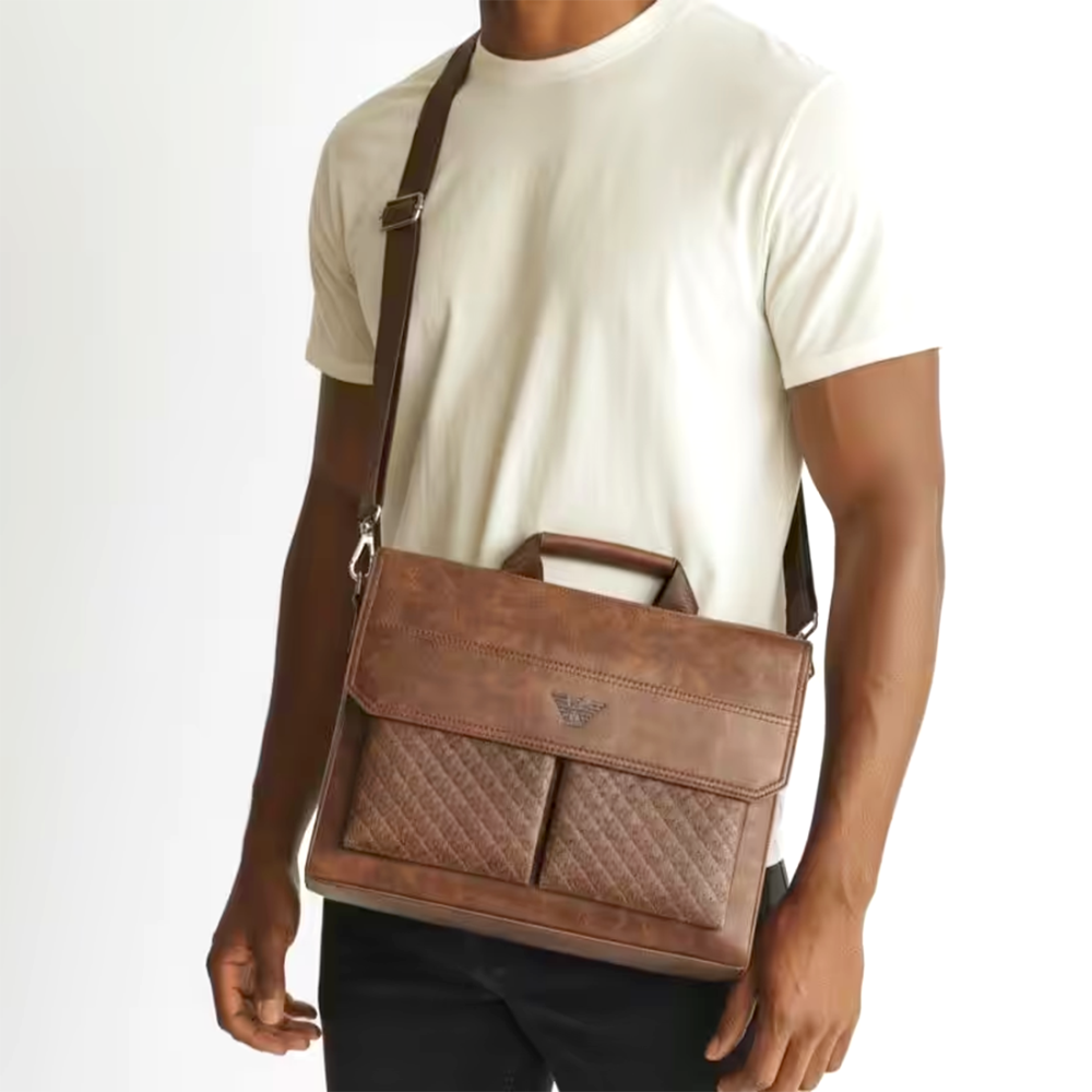Giorgio Armani Embossed Brown Leather Laptop Bag-thumb-1