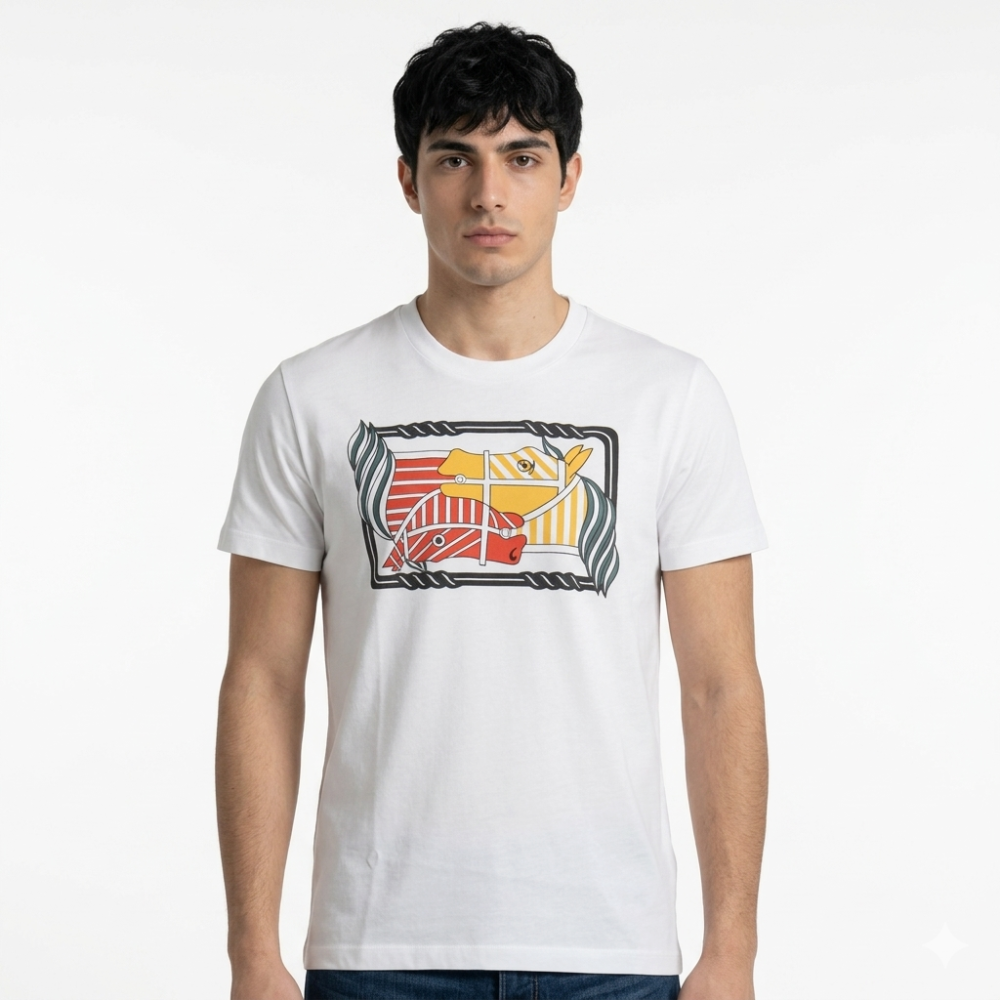 White Hermes Logo Print Black Premium T-shirt