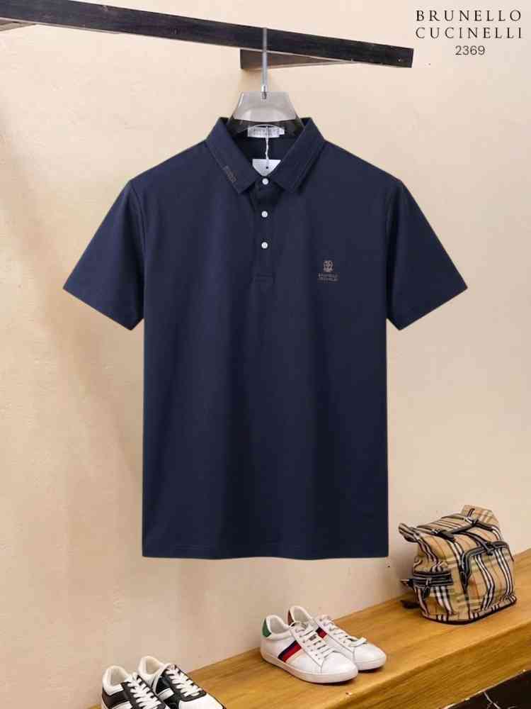 Blue Brunello Cucinelli White Embroidery Premium Polo T-shirt