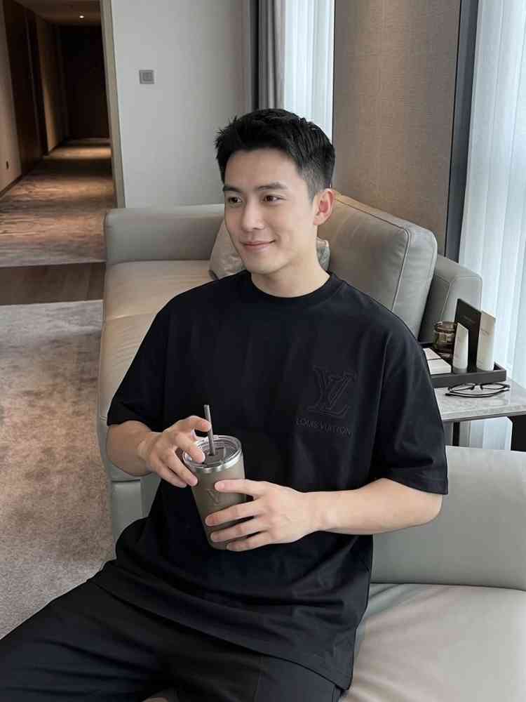 Black Louis Vuitton White Embroidery Logo Premium T-shirt