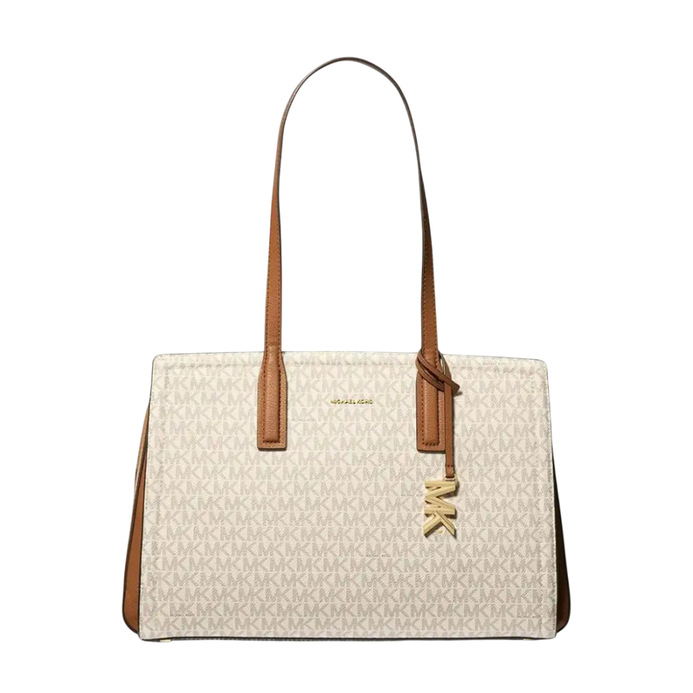 White Michael Kors Logo Voyager Brown Tote Bag