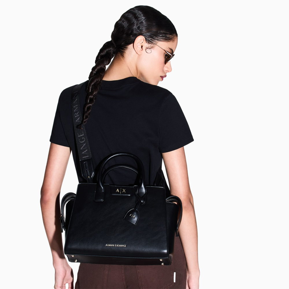Armani Exchange Glossy Black Embossed Logo Tote Bag-thumb-5
