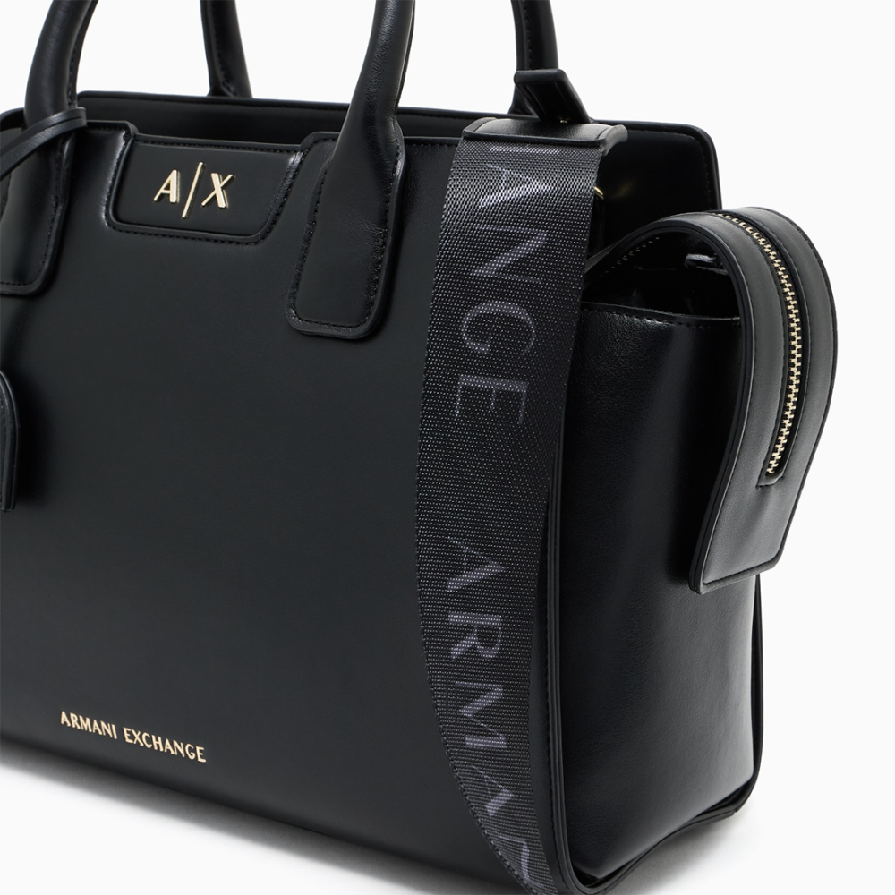 Armani Exchange Glossy Black Embossed Logo Tote Bag-thumb-3