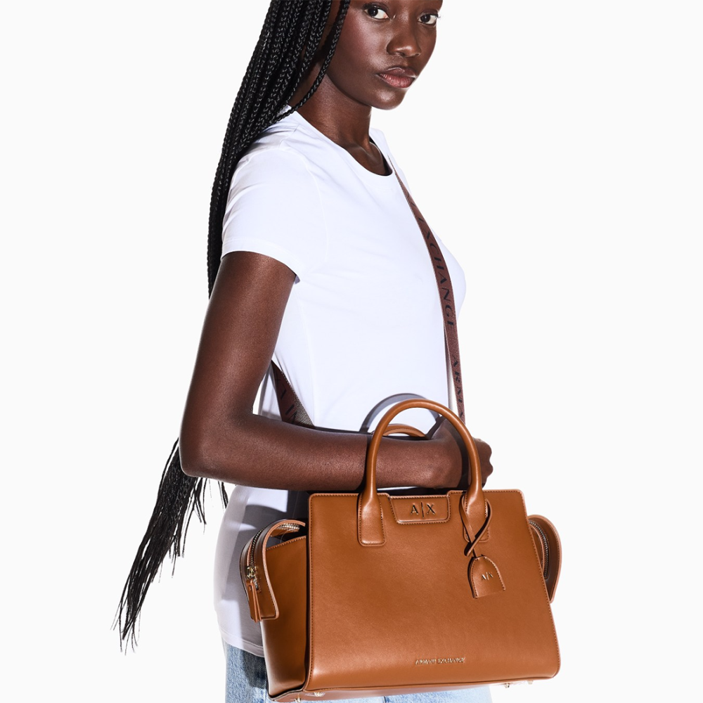 Armani Exchange Glossy Brown Embossed Logo Tote Bag-thumb-6
