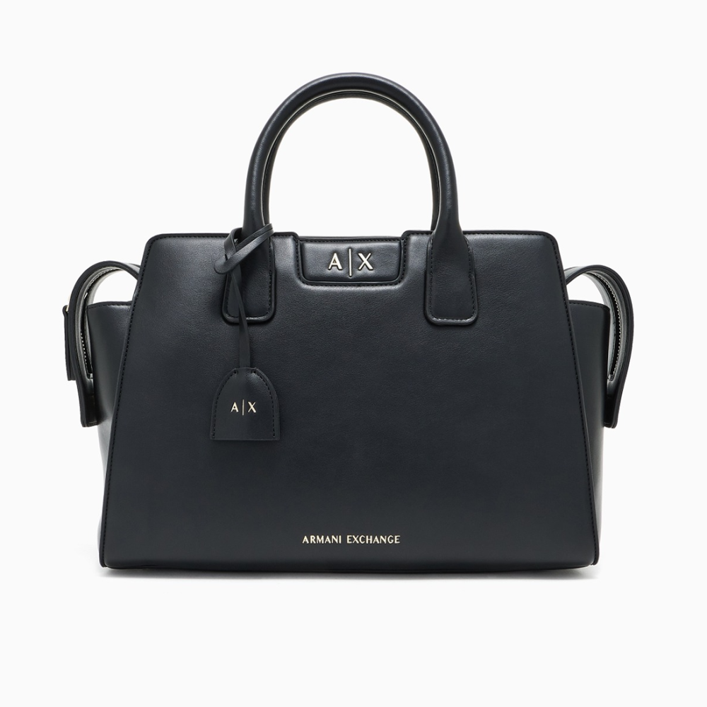 Black Armani Exchange Glossy Brown Embossed Logo Tote Bag