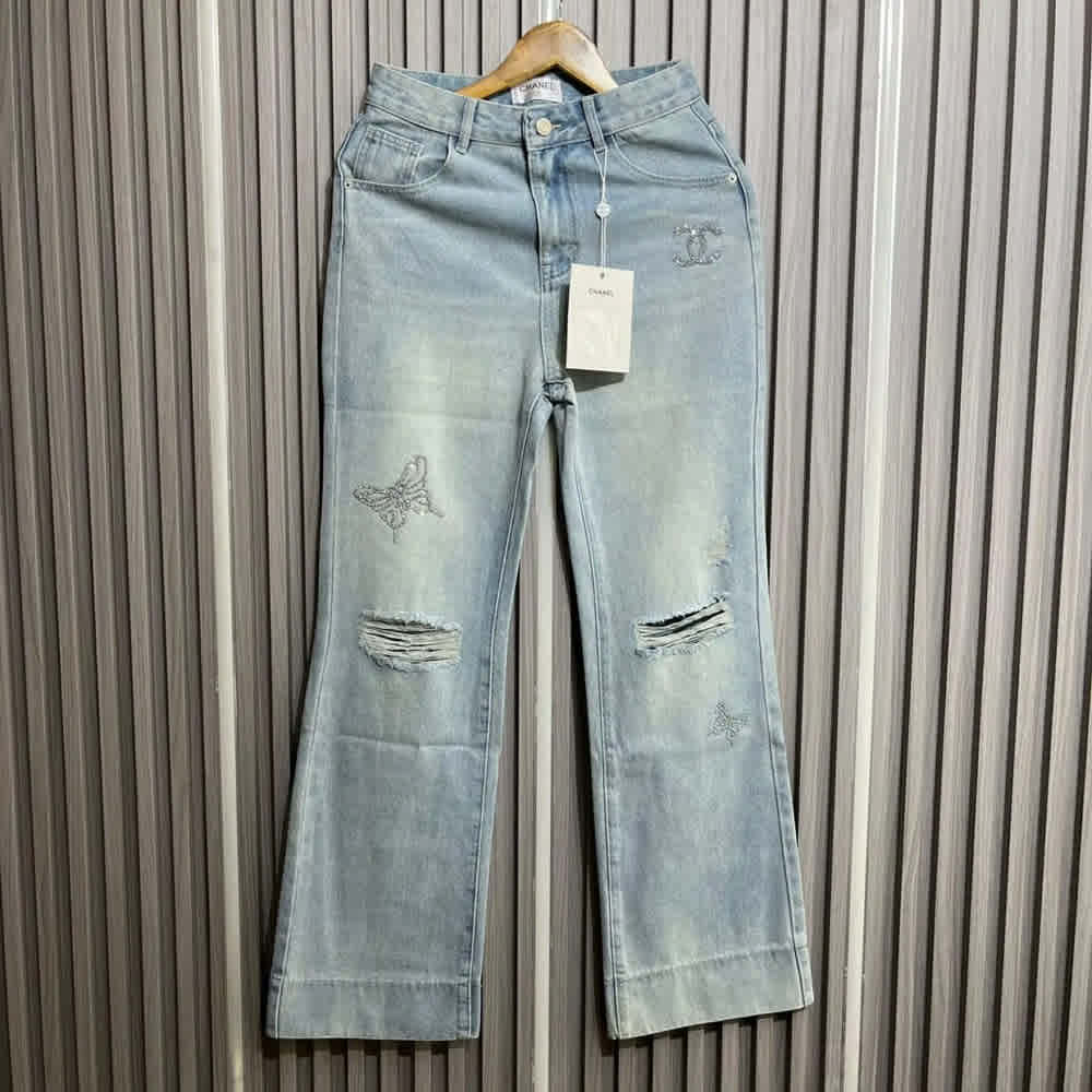 Chanel Light-Wash Butterfly Embroidered Wide-Leg Jeans-thumb-1