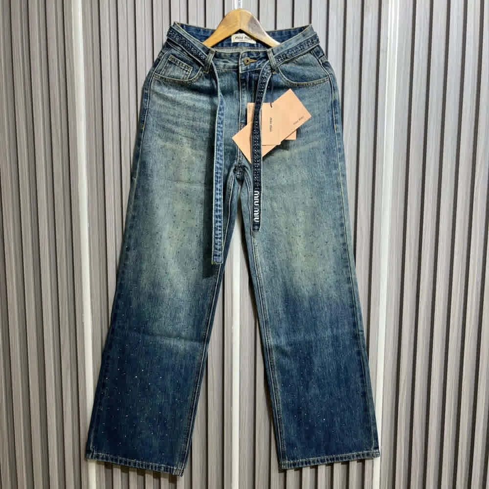 Miu Miu Crystal-Embellished Wide-Leg Jeans-thumb-1