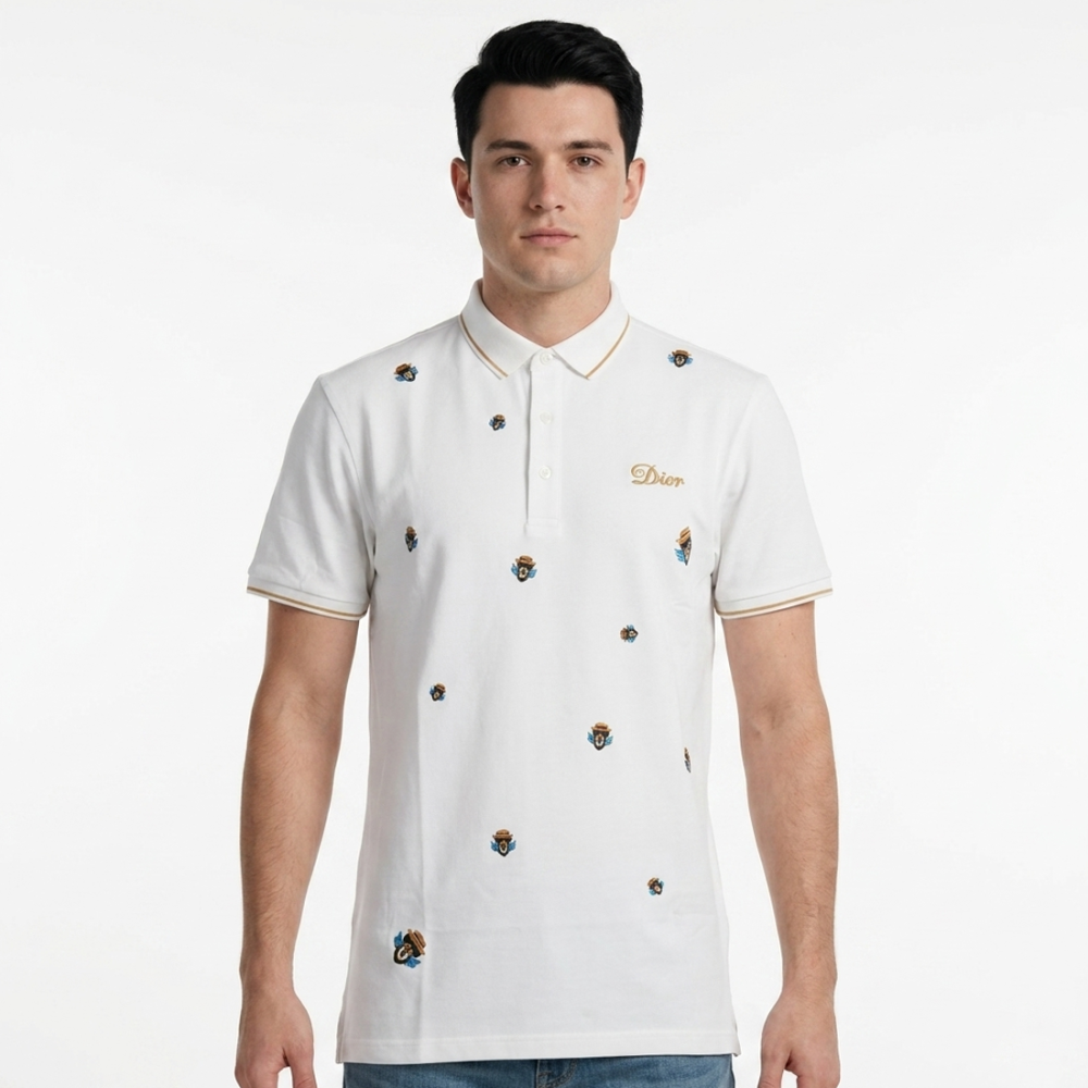 White Dior Premium Sky Blue Quality Embroidered Polo T-shirt