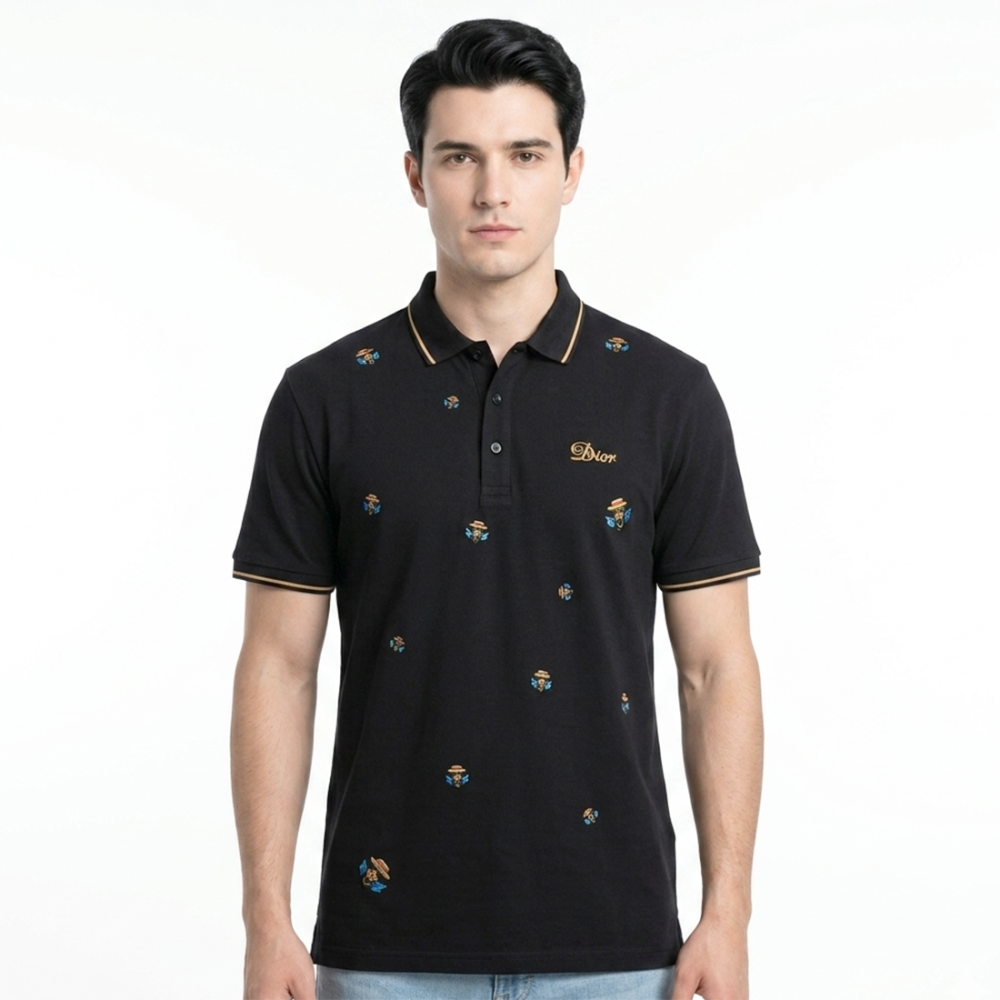 Black Dior Premium Sky Blue Quality Embroidered Polo T-shirt