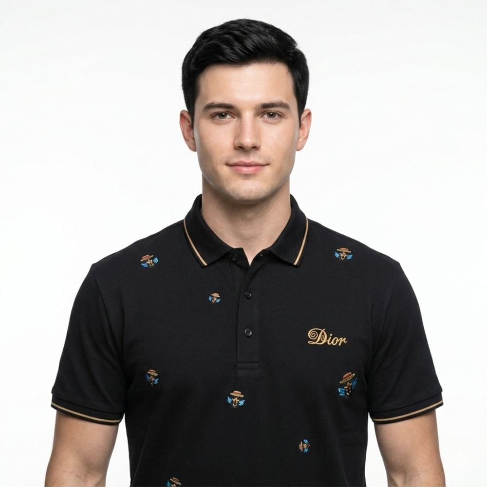 Dior Premium Black Quality Embroidered Polo T-shirt-thumb-3