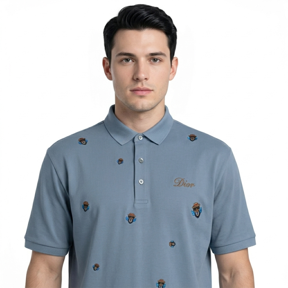 Dior Premium Sky Blue Quality Embroidered Polo T-shirt-2