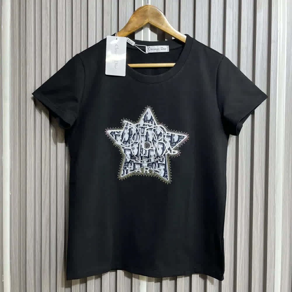 Black Dior Star Logo White Cotton T-Shirt