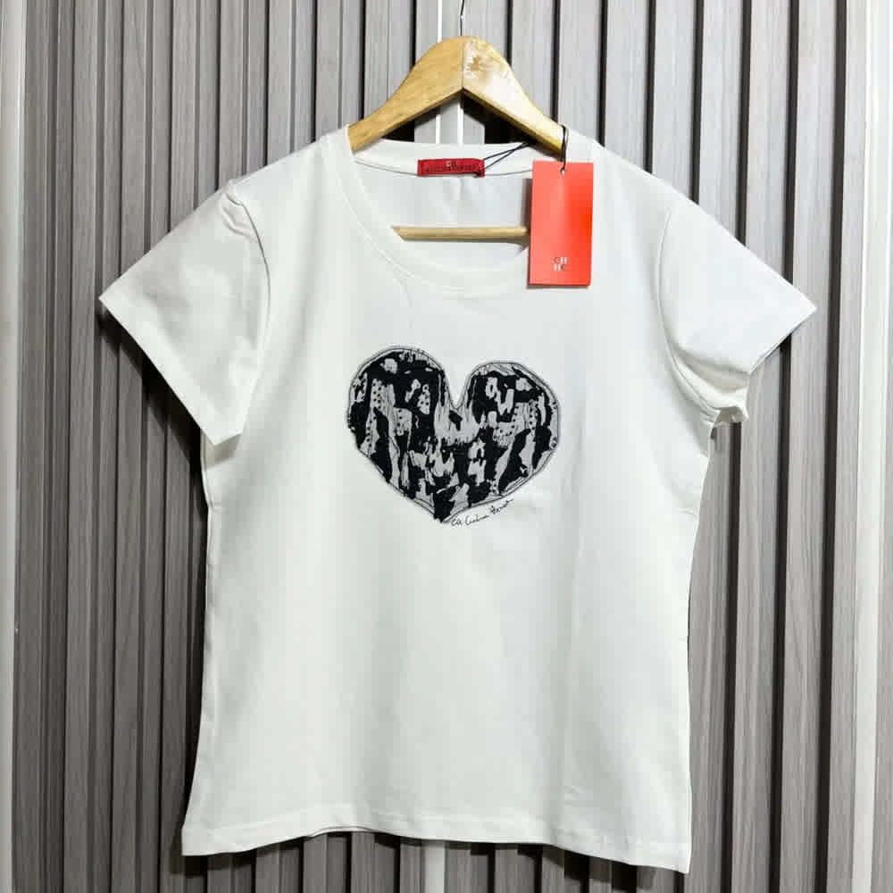 Carolina Herrera Heart Print White Cotton T-Shirt-thumb-0