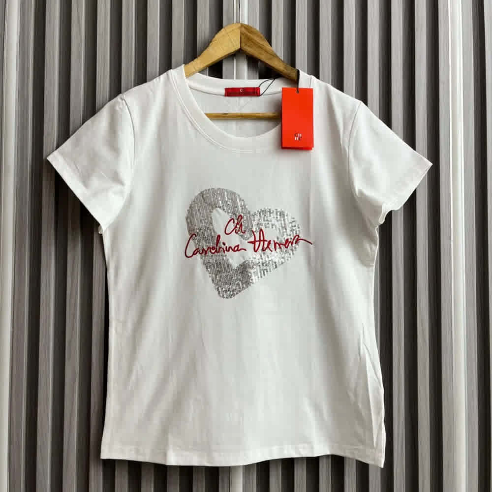 Carolina Herrera Sequin Heart White Cotton T-Shirt-thumb-0