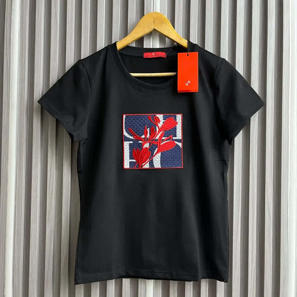 Black Carolina Herrera Jasmine Monogram White Cotton T-Shirt