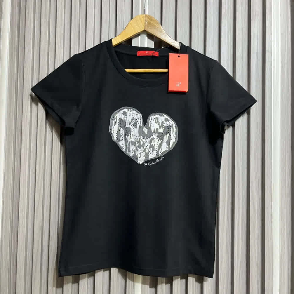 Black Carolina Herrera Heart Print White Cotton T-Shirt