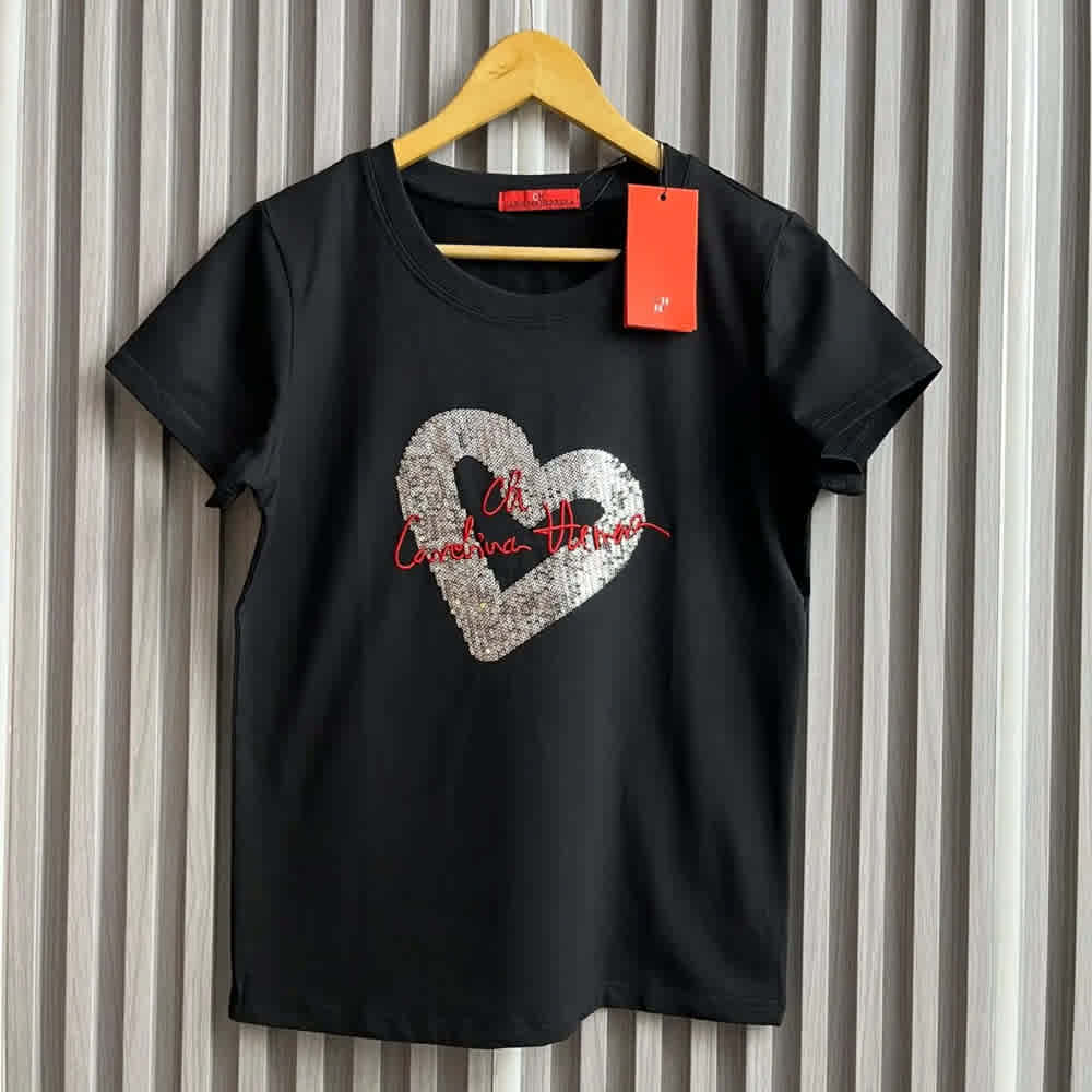 Black Carolina Herrera Sequin Heart White Cotton T-Shirt