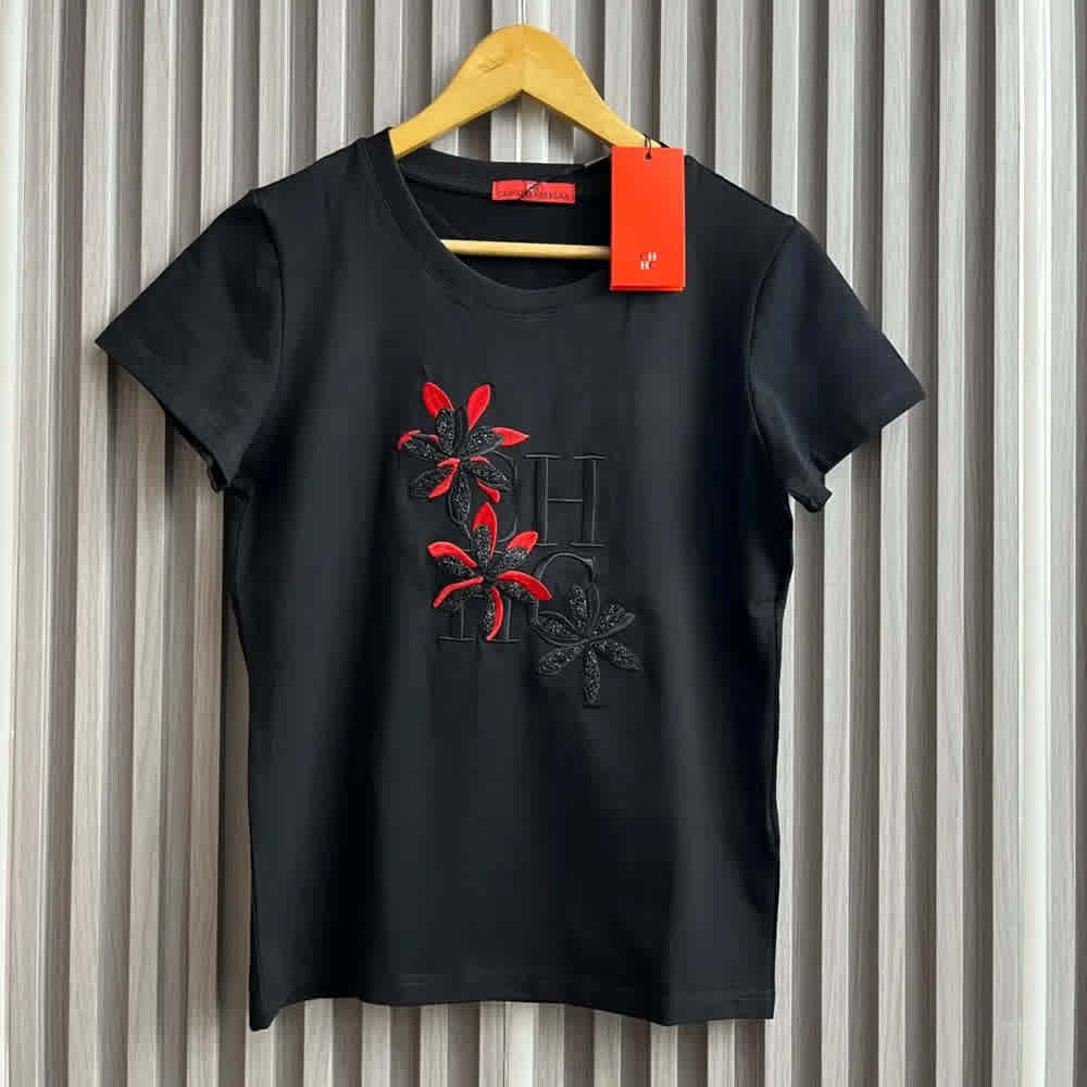 Carolina Herrera Floral Logo Black Cotton T-Shirt-thumb-1