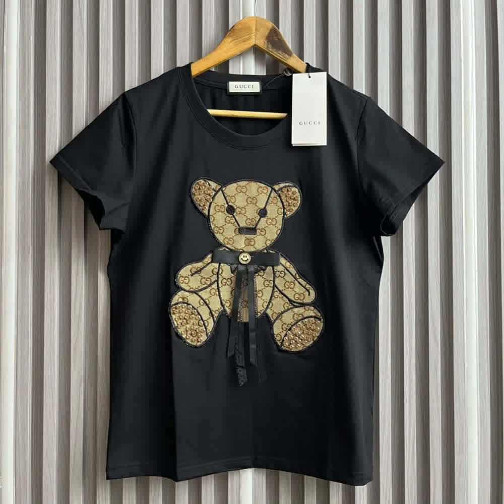 Gucci Teddy Bear Black Cotton T-Shirt-thumb-1