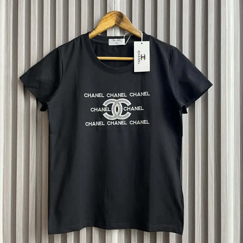 Chanel Triple Row Logo Black Cotton T-Shirt-thumb-0