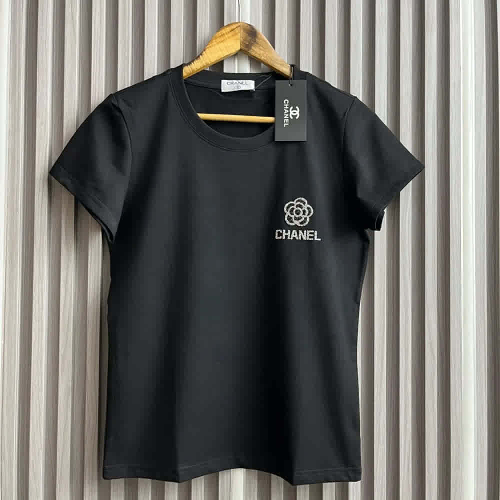 Black Chanel Camellia Logo White Cotton T-Shirt