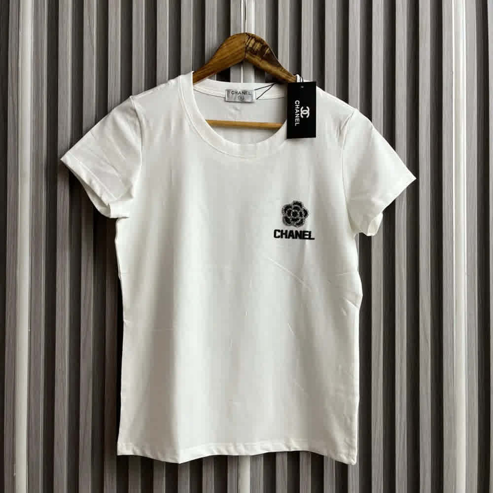Chanel Camellia Logo White Cotton T-Shirt-thumb-0