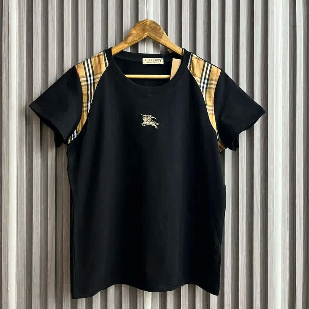 Burberry Check Trim Black Cotton T-shirt-thumb-1