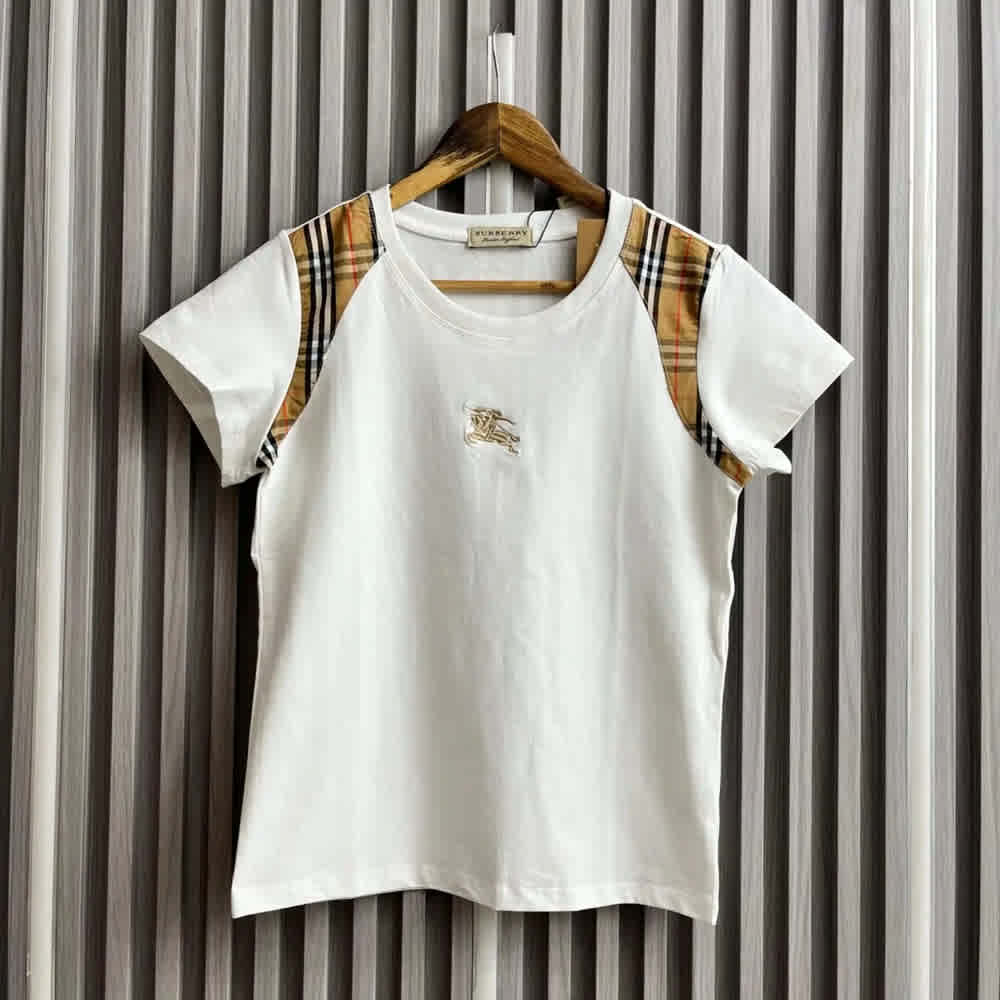 Burberry Check Trim White Cotton T-shirt-thumb-1