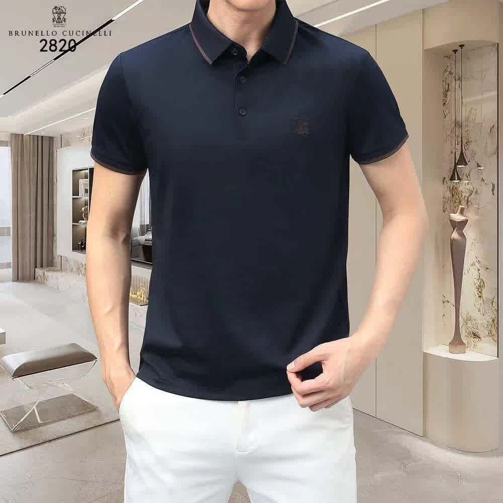 Blue Brunello Cucinelli White Embroidery Premium Polo T-shirt