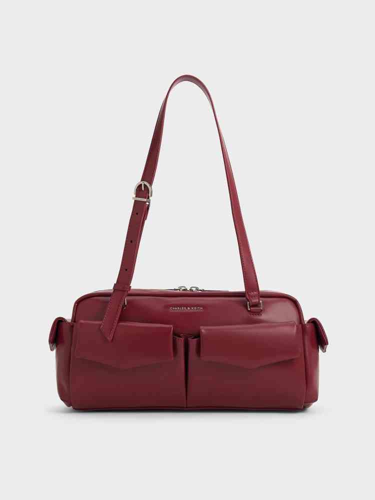 Wine Charles & Keith Rachel Multipocket White Shoulder Bag