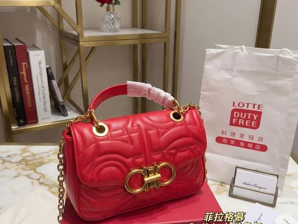 Red Ferragamo Gancini Chain Navy Blue Sling Bag
