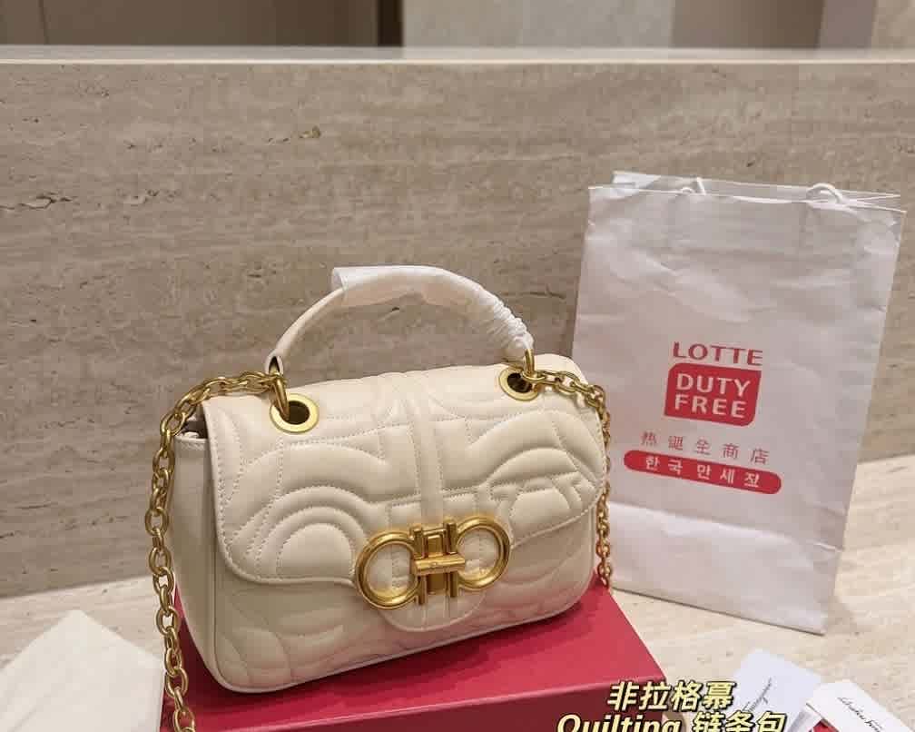 White Ferragamo Gancini Chain Navy Blue Sling Bag