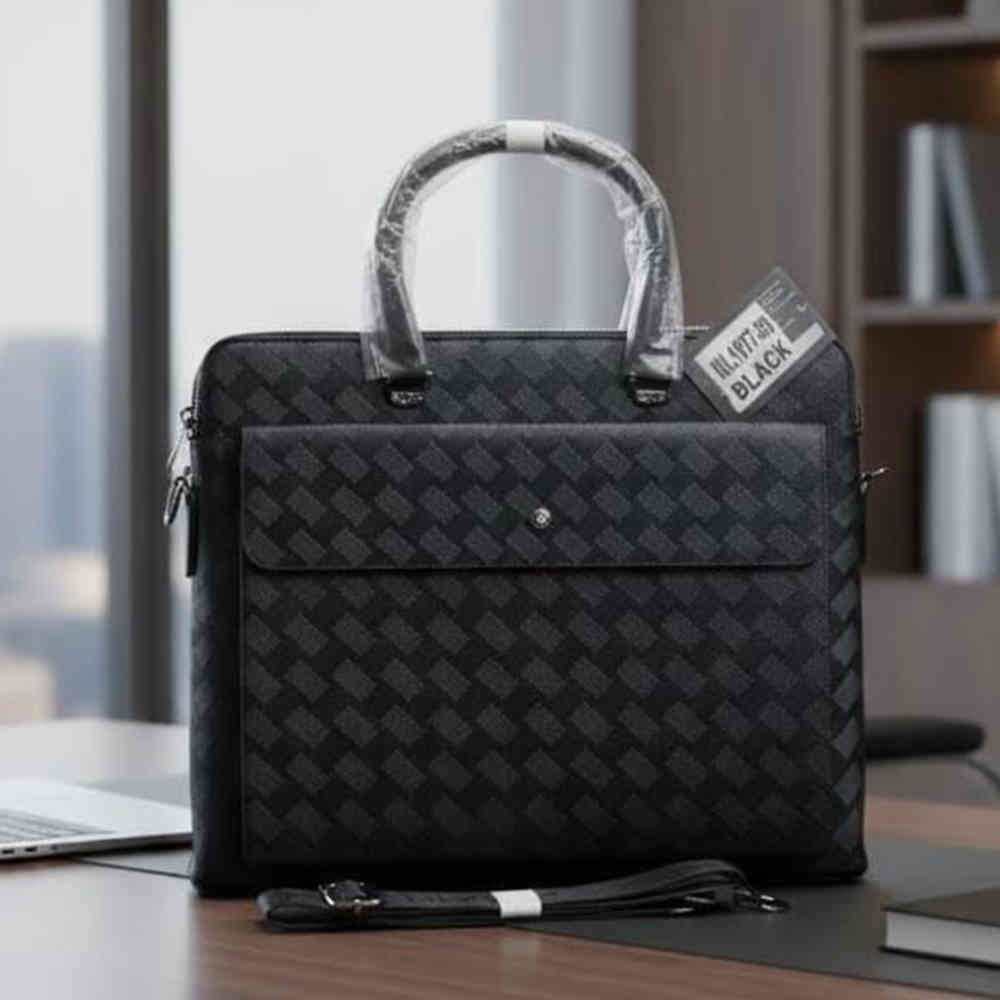 Montblanc Artorial Pattern ML1977-50 Black Leather Laptop Bag-thumb-0