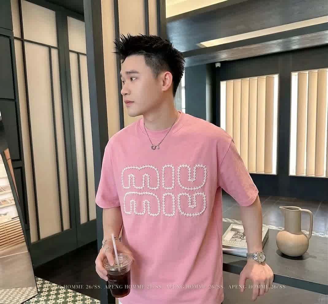 Pink Miu Miu Black Premium Collar T-shirt