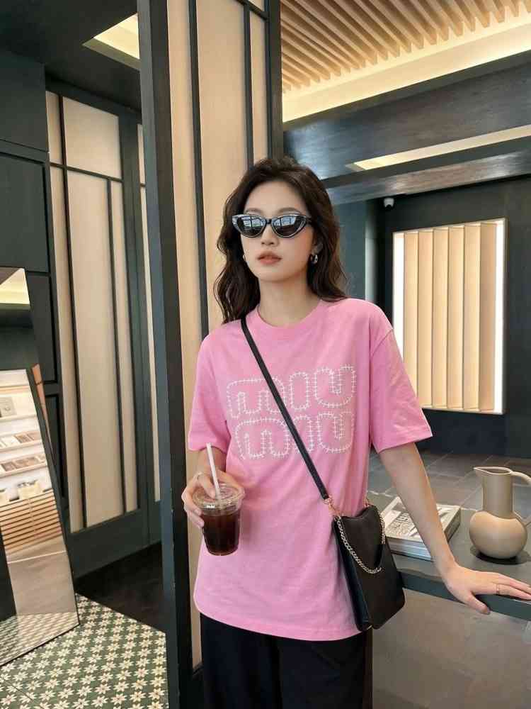 Pink Miu Miu White Premium Collar T-shirt