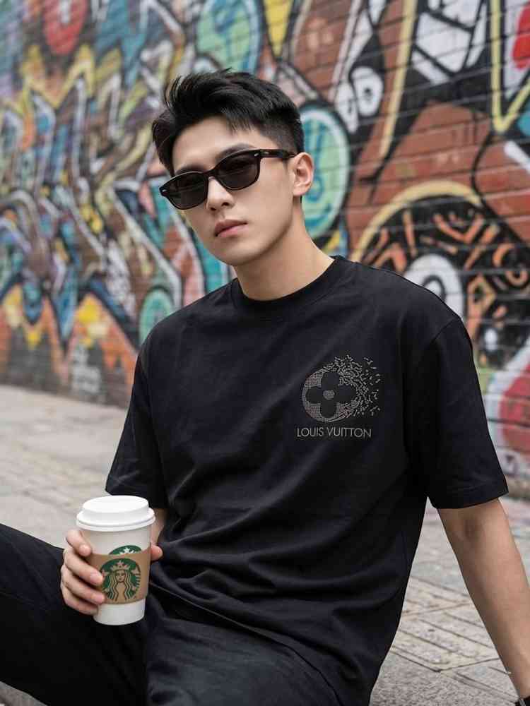 Louis Vuitton Black Embroidery Logo Premium T-shirt-thumb-1
