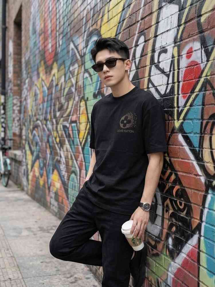 Black Louis Vuitton White Embroidery Logo Premium T-shirt